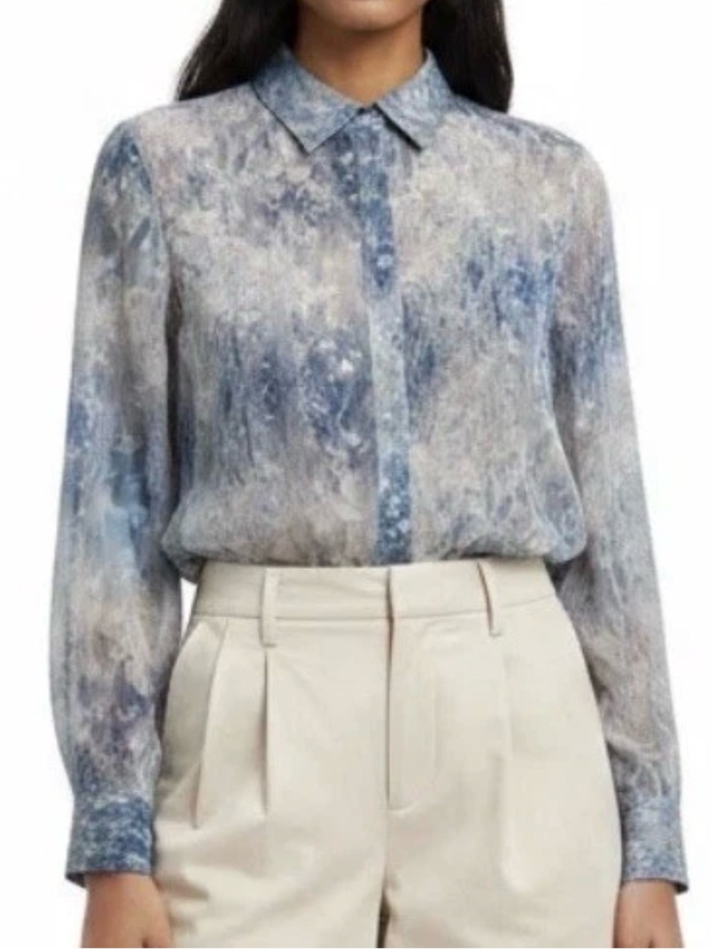 Elie Tahari Silk Blue Marble Print Sheer Button-Down Blouse
